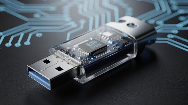 Transparent USB flash drive with visible circuit board and data connection