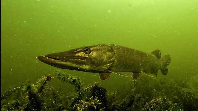 Juvenile northern pike - Esox lucius - glides over green aquatic vegetation in Biscarrosse Lake, showing its bright patterned body.