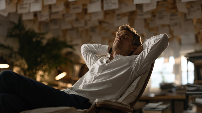 Founder leans back in an old office chair in a cluttered garage workspace, staring at a ceiling covered in pinned cky notes representing customer feedback themes, the aftermath moment of synthesizin