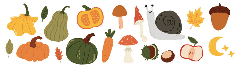 Autumn vector collection with pumpkins, mushrooms, snail, forest leaves, acorn and chestnuts, fall harvest isolated elements for seasonal design © Ruslanivna