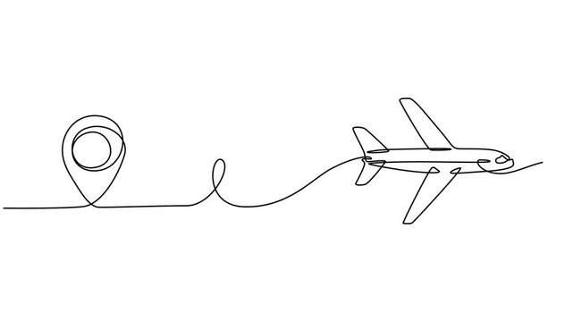 aircraft flight routes and airport destinations continuous one line drawing animation, Airplane Travelling Continuous one  line draw  with map pin location, Continuous line animation of paper plane