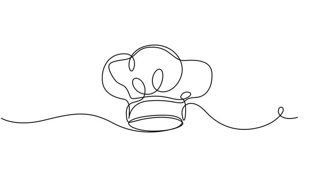 Animated self drawing of continuous line draw chef hat or cap for restaurant. Full length one line animation. 4K, Animated self drawing of  Drawing of a single continuous line of a chef's hat . Symbol