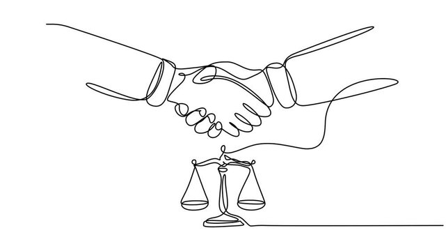 Continuous one single line drawing Client shakes hands with lawyer Legal services scales Advocate consultation Jurisprudence icon vector illustration, animation, motion, video, Client shakes hands