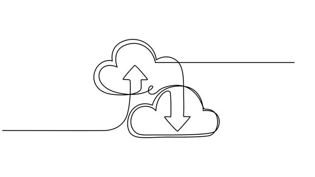 cloud continuous one line drawing animation, Minimalist single line art drawing depicting a cloud and an upward arrow. symbolizing cloud uploading or data transfer. Animated technology logo.