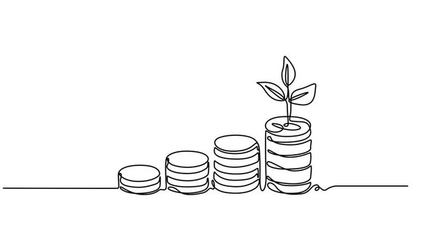 Coins stack with growing plant one line drawing animation. Video clip with alpha channel, Animated self drawing of continuous one line drawing 5 stacks of coins with a tree on top. The more investment