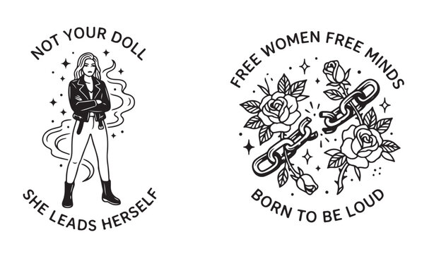 Powerful Black and White Illustrations Featuring a Confident Woman Standing Firmly and Symbolic Broken Chains With Blooming Roses Representing Female Empowerment and Liberation