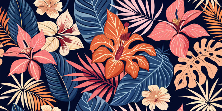 Vibrant tropical floral pattern featuring exotic hibiscus and jungle palm leaves
