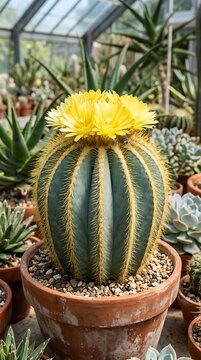 Beautiful blooming Parodia leninghausii cactus with yellow flowers in a terracotta pot.