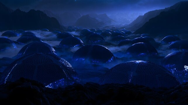 Futuristic biomechanical structures glow across a stark planetary landscape cinematic concept art