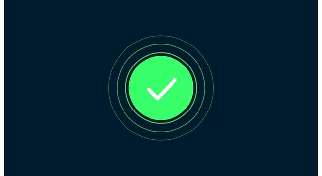 Animated green check mark success symbol on dark animation background loop