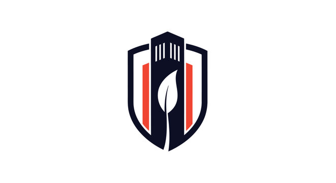 Shield logo with flame design element.