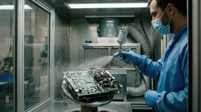 Detailed medium shot of siliconebased conformal coating mist sprayed on complex electronic assemblies within an isolated booth for enhanced insulation and heat resistance.
