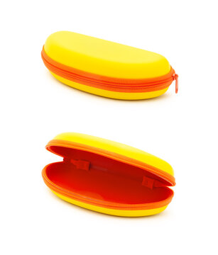 Bright yellow and orange zipper eyeglasses case shown open and closed isolated on white background