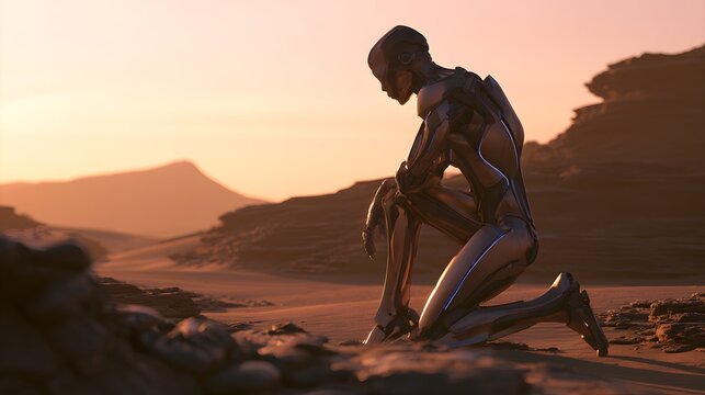 Contemplative robot silhouette graces a desolate alien desert at golden hour sunset serene futuristic concept