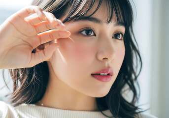 Fototapeta premium Woman applying skincare product close up showing glowing skin under soft natural lighting for beauty routine inspiration