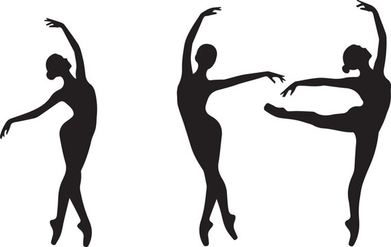 Silhouettes of three elegant ballet dancers in various poses isolated on white background