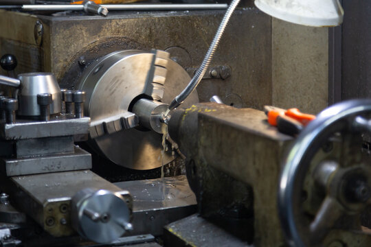 Close up of metal lathe machine working