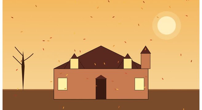 Autumn house animation with falling leaves in a minimalist flat style animation