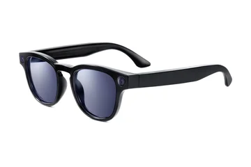 Three quarter view of modern black smart sunglasses with blue lenses and integrated cameras isolated on white background © amedeoemaja