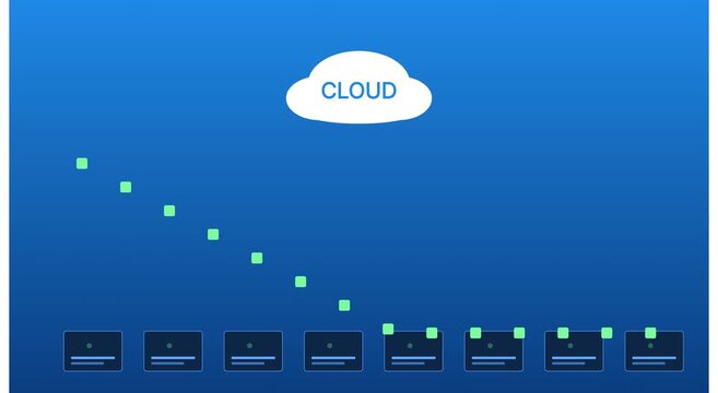 Cloud data transfer animation: digital network sync and server upload animation