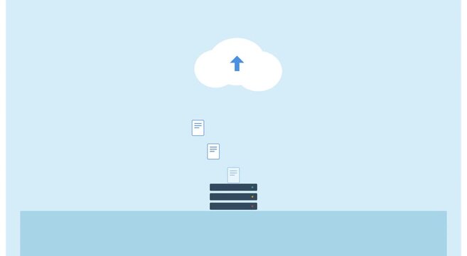 Cloud data upload animation: server syncing files to online storage animation