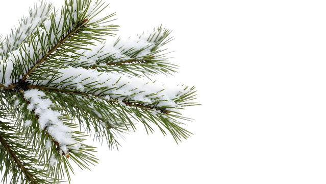 Snowy pine tree branch on white background