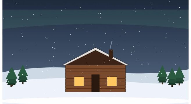 Cozy winter cabin at night with falling snow and warm glowing windows animation