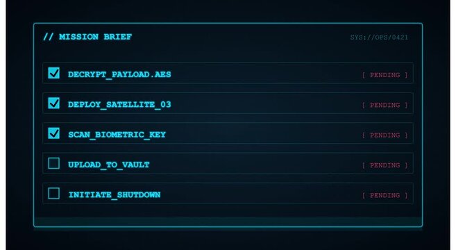 Cyber mission brief interface: digital task completion hud overlay animation