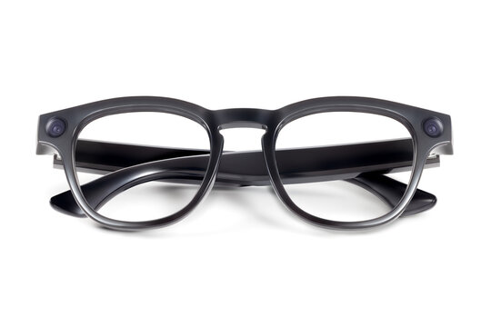 Front view of sleek black smart glasses with transparent lenses and integrated cameras isolated on white background
