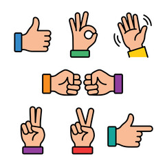 Fototapeta premium Collection of cartoon hand gestures for communication and expression, including thumbs up, okay sign, peace sign, and pointing finger