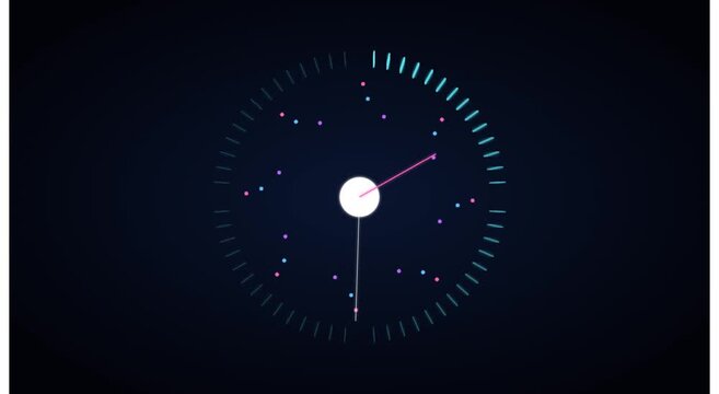 Digital clock interface with abstract particle motion and neon animation