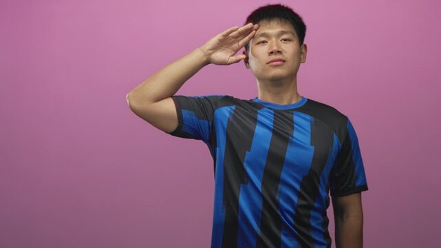 Man in blue striped soccer jersey salutes with hand to forehead in studio against pink wall while standing at attention; pride duty.