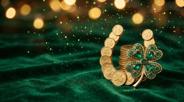 Golden coins and clover gleam on velvet green. Sparkling lights blur softly behind the scene. Rich textures invite warmth and festivity. Perfect for holiday, luck, or celebration themes
