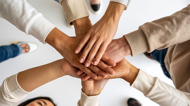 Diverse team stacking hands together symbolizing unity teamwork and collaboration success
