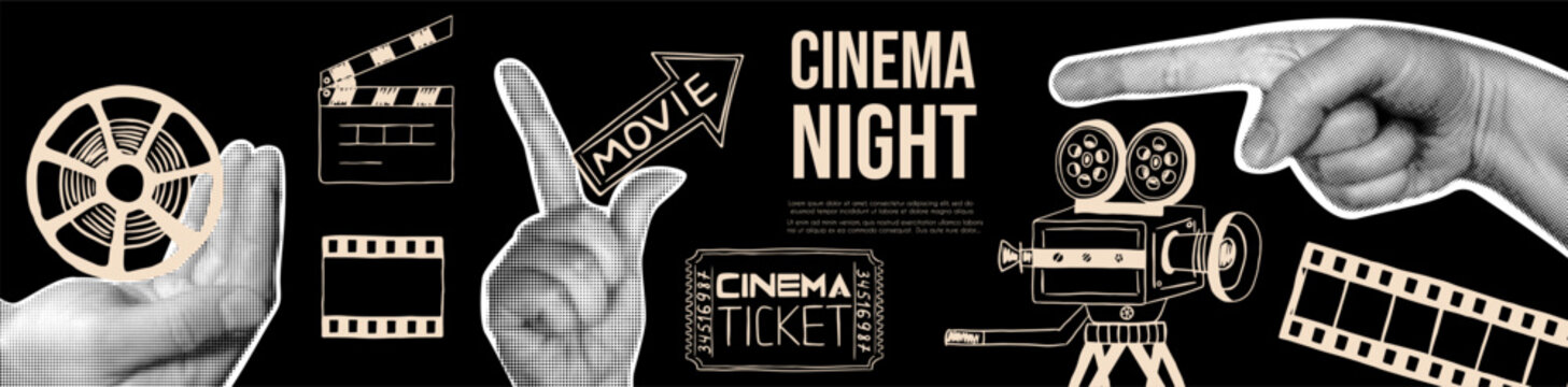 Horizontal cinema night banner. Creative retro collage with halftone hands, hand-drawn movie camera, clapperboard, and film reel. Theater posters and film festival announcements.