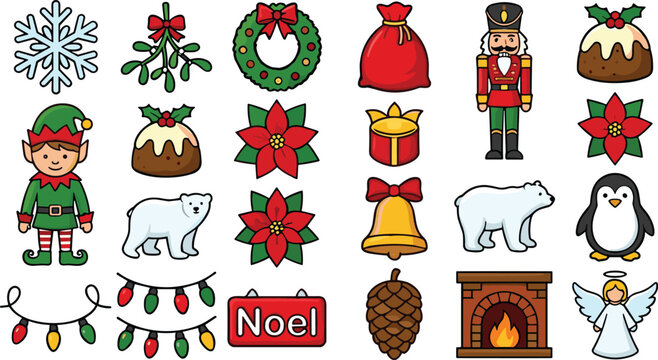 Christmas flat line icon set featuring winter holiday characters including nutcracker elf penguin angel polar bear and festive ornaments