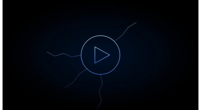 Digital play button with pulsing neon energy lines on dark animation background