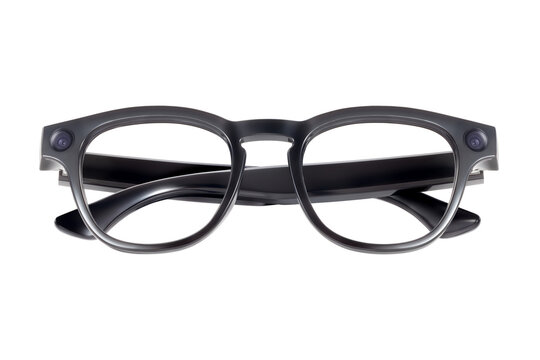 Front view of sleek black smart glasses with transparent lenses and integrated cameras isolated on white background
