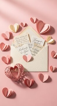 Romantic Paper Hearts and Love Letters Arranged on Pink Background