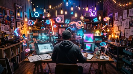 Obraz premium Creative workspace with designer working on digital art surrounded by colorful graphics and technology