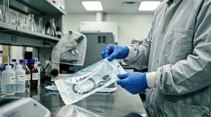 Naklejka premium Medium shot of a worker peeling open a sterile medical pouch containing a sensor demonstrating the easyopen feature in a controlled lab setting.