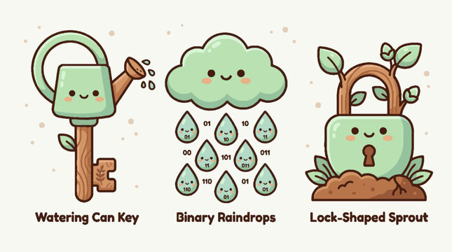 Cute hand drawn icons of watering can key binary raindrops and lock shaped sprout.