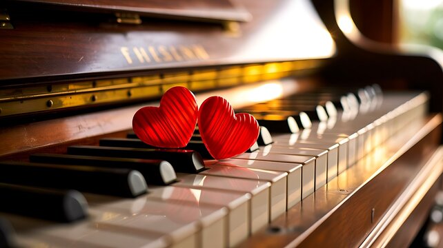 Red heart shapes on piano keyboard representing love music and romantic emotion