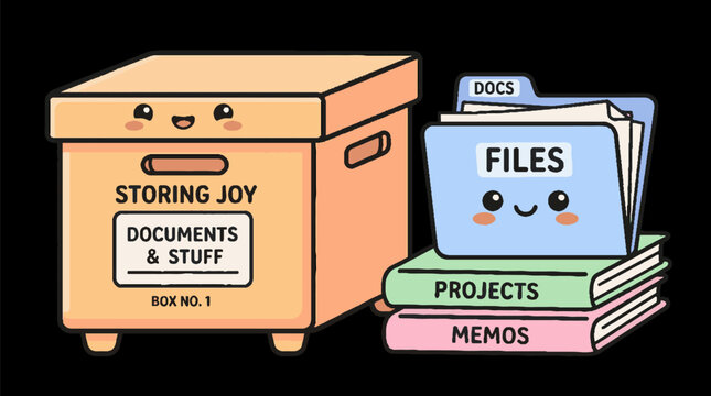 Cute kawaii cartoon storage box and file folders with smiling faces.