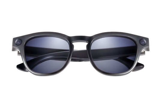Front view of modern black smart sunglasses with blue lenses and integrated cameras isolated on white background