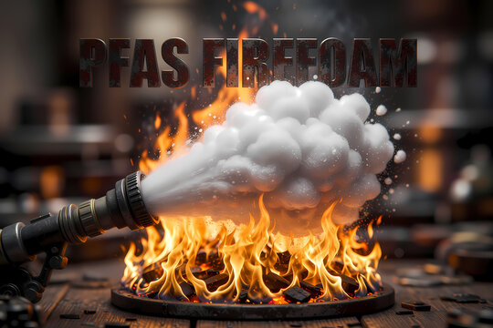 PFAS fire foam is sprayed onto a blaze, dousing the flames and creating a thick cloud of white foam.
