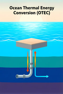 Diagram illustrates Ocean Thermal Energy Conversion (OTEC) using temperature differences between ocean layers.