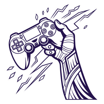 Gaming, controller, hand, video game, illustration, blue lines, PlayStation style, vector graphics