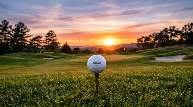 A serene golf course at sunset with a golf ball on a tee in the foreground on lush green grass with trees and sand traps