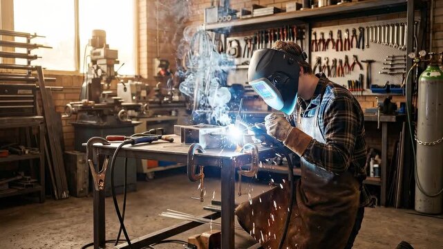 Slow motion tracking shot of welder welding metal at workshop bench with sparks and smoke in industrial garage during daytime